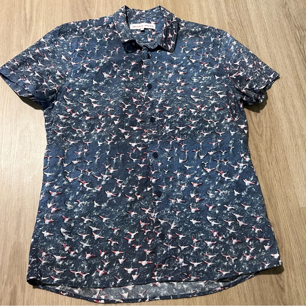 Orlebar Brown Short Sleeve Button Front Shirt Crane Print